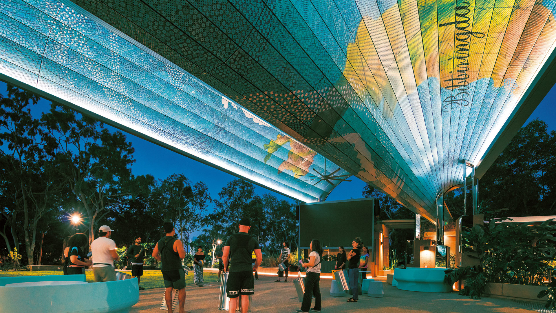 Students gather in the Central Plaza of James Cook University's Townsville Bebegu Yumba campus. 