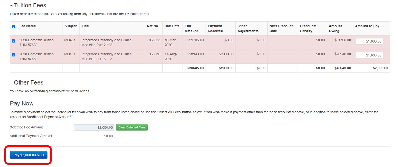 Screenshot showing fee details.