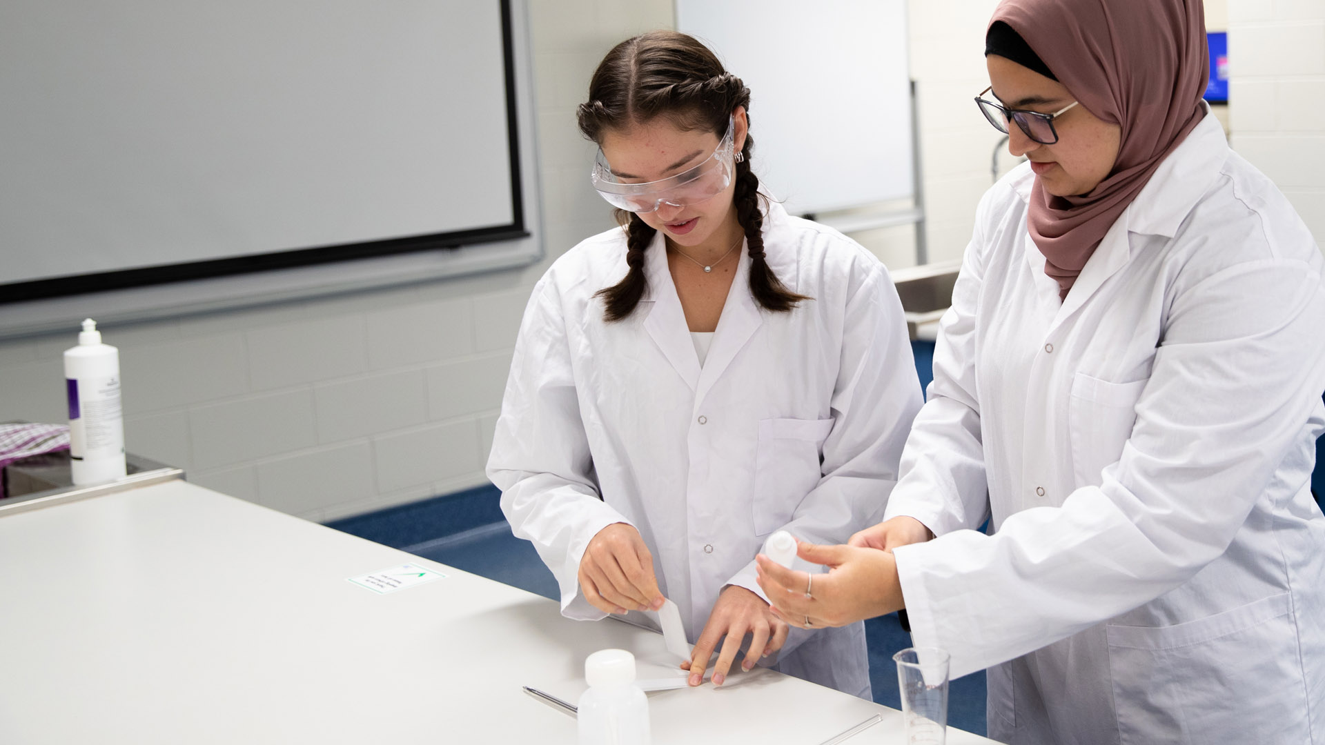Two James Cook University pharmacy students wearing white lab coats complete practical work at a lab bench. 