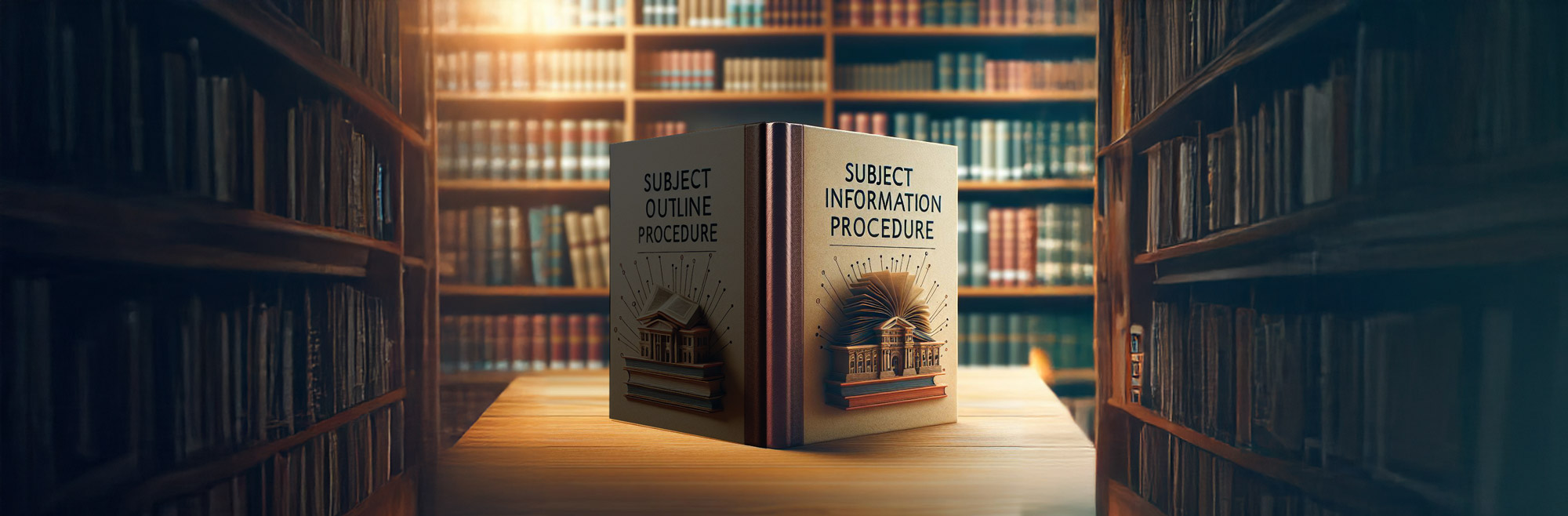 A book in a library with a two-sided cover. The left side, titled 'Subject Outline Procedure,' is in the shadow, while the right side, titled 'Subject Information Procedure,' is illuminated.